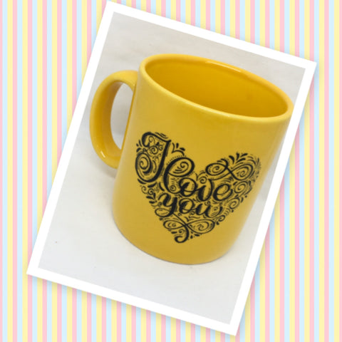 Mug Cup Yellow I LOVE YOU Hand Painted Home Kitchen Decor Drinkware {{ JAMsCraftCloset }}