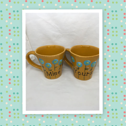 Mugs Coffee Hand Painted MINE YOURS HAPPY DOT Floral Design Yellow Mug Aqua Flowers SET of 2 {{ JAMsCraftCloset }}