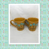 Mugs Coffee Hand Painted MINE YOURS HAPPY DOT Floral Design Yellow Mug Aqua Flowers SET of 2 {{ JAMsCraftCloset }}