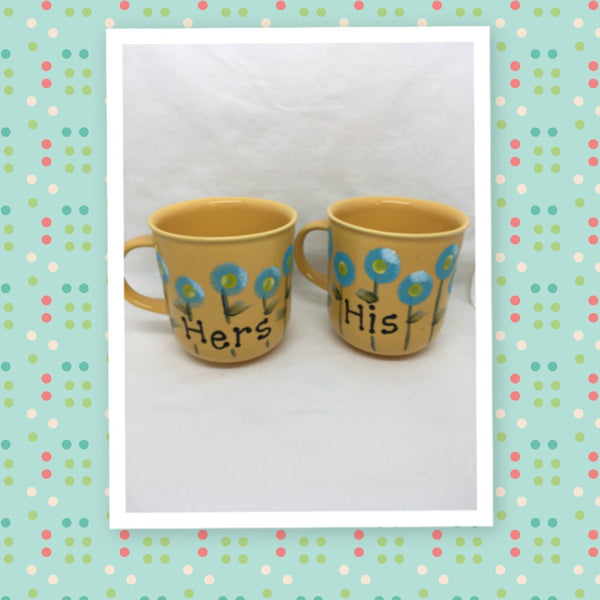 Mugs Coffee Hand Painted HIS HERS HAPPY DOT Floral Design Yellow Mug Aqua Flowers SET of 2 {{ JAMsCraftCloset }}