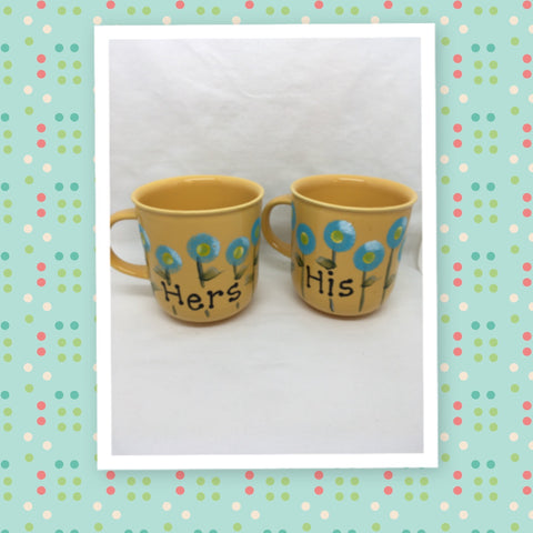 Mugs Coffee Hand Painted HIS HERS HAPPY DOT Floral Design Yellow Mug Aqua Flowers SET of 2 {{ JAMsCraftCloset }}