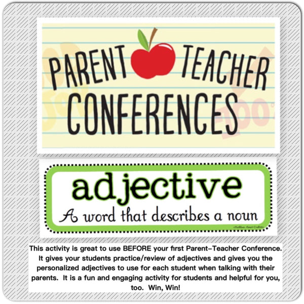 Adjective Practice BEFORE Parent Teacher Conferences PowerPoint Lesson Fun and Engaging {{ JAMsCraftCloset }}