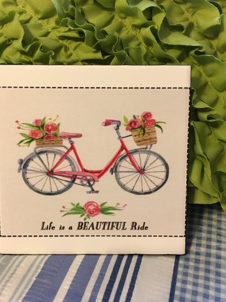 Vintage Bicycle Wall Art LIFE IS A BEAUTIFUL RIDE Smaller Ceramic Tile Decoupaged Sign Gift {{ JAMsCraftCloset }}