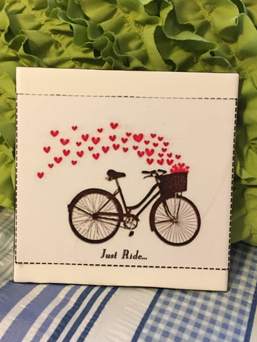 Vintage Bicycle Wall Art JUST RIDE Smaller Ceramic Tile Decoupaged Sign Gift {{ JAMsCraftCloset }}