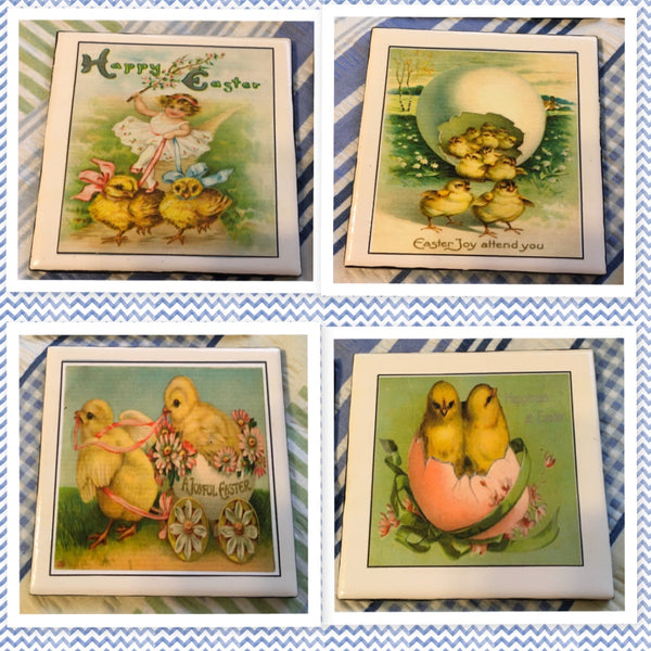 Ceramic Tile EASTER CHICKS Wall Art Handmade Upcycled Repurposed Gift Home Decor SET OF 4 {{ JAMsCraftCloset }}