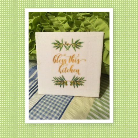 BLESS THIS KITCHEN Olive Branches Accent Wall Art Ceramic Tile Decoupaged Sign Gift {{ JAMsCraftCloset }}