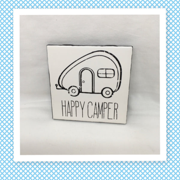 HAPPY CAMPER Wall Art Ceramic Tile Hand Painted Sign Gift Idea Camper RV Home Decor {{ JAMsCraftCloset }}