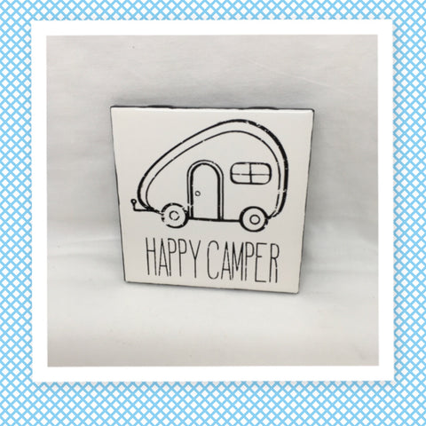 HAPPY CAMPER Wall Art Ceramic Tile Hand Painted Sign Gift Idea Camper RV Home Decor {{ JAMsCraftCloset }}