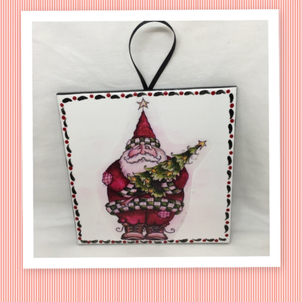 SANTA HOLDING TREE Wall Art Ceramic Tile Decoupaged Christmas Holiday Decor Sign Gift Idea {{ JAMsCraftCloset }}