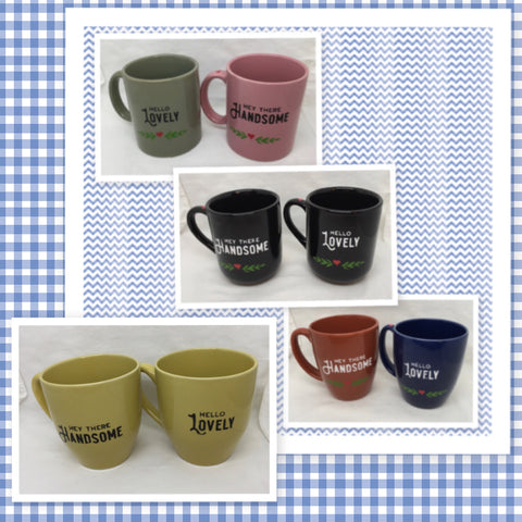 HEY THERE HANDSOME and HELLO LOVELY Cups Mugs Coffee Hand Painted SET of 2 {{ JAMsCraftCloset }}