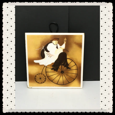 Fat Chef on Bicycle Ceramic Tile Wall Art or Magnet Square Kitchen Bar Decor