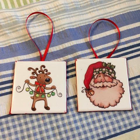 Ornaments Santa Face Reindeer Ceramic Tile 3 by 3 Inches Set of 2 Vintage Folk Art {{ JAMsCraftCloset }}