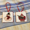 Ornaments Santa Holding Tree Snowman Top Hat Ceramic Tile 3 by 3 Inches Set of 2 Folk Art {{ JAMsCraftCloset }}