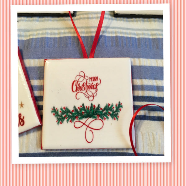 MERRY CHRISTMAS Green Spray Ceramic Tile Ornament Gift Tree Decor Stocking Stuffer {{ JAMsCraftCloset }}