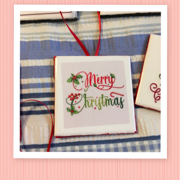 MERRY CHRISTMAS Red and Green Ceramic Tile Ornament Gift Tree Decor Stocking Stuffer {{ JAMsCraftCloset }}