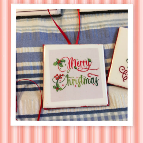 MERRY CHRISTMAS Red and Green Ceramic Tile Ornament Gift Tree Decor Stocking Stuffer {{ JAMsCraftCloset }}