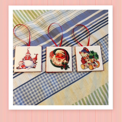 Ornaments Vintage Designs Ceramic Tile 3 by 3 Inches Set of 3 Children Santa Cat {{ JAMsCraftCloset }}