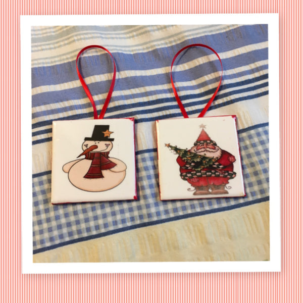 Ornaments Santa Holding Tree Snowman Top Hat Ceramic Tile 3 by 3 Inches Set of 2 Folk Art {{ JAMsCraftCloset }}