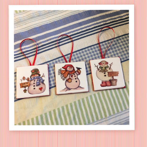 Ornaments Snowmen Ceramic Tile 3 by 3 Inches Set of 3 Vintage Folk Art Snowmen {{ JAMsCraftCloset }}