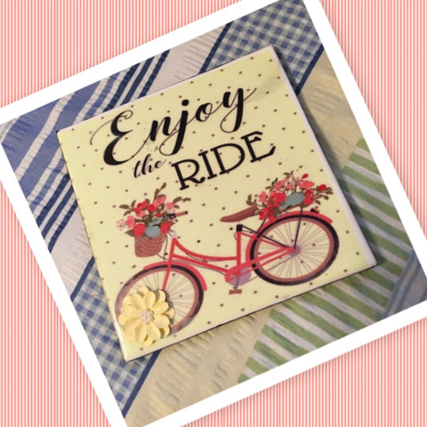 ENJOY THE RIDE Wall Art Ceramic Tile Sign Vintage Bicycle Gift Home Decor Positive Saying {{ JAMsCraftCloset }}