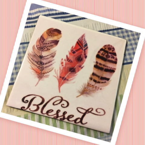 BLESSED Three Feathers Wall Art Ceramic Tile Sign Gift Idea Home Decor Positive Saying {{ JAMsCraftCloset }}