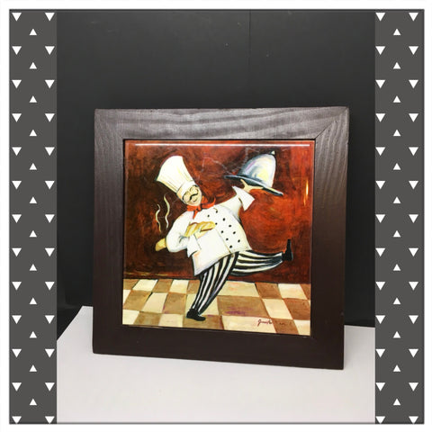 Fat Chef With Tray and Bread Ceramic Framed Tile Wall Art Kitchen Bar Decor