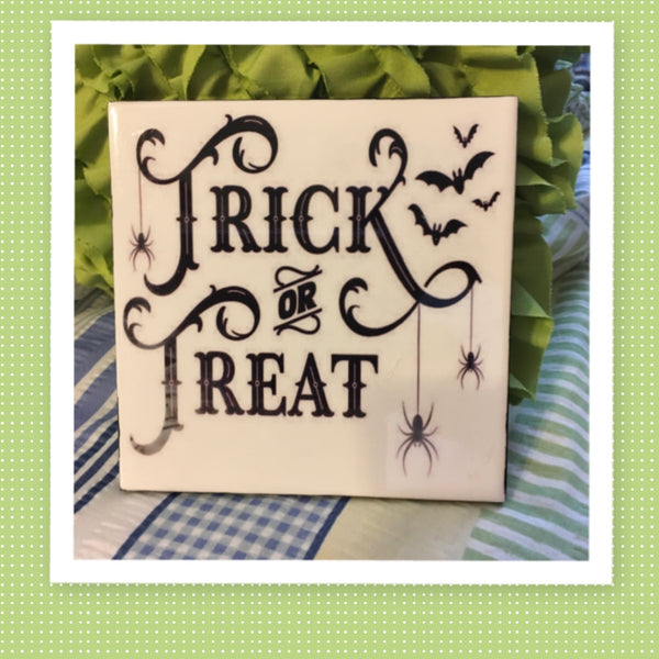 TRICK OR TREAT BATS SPIDERS Wall Art Ceramic Tile Sign Gift Home Decor Halloween Decor {{ JAMsCraftCloset }}