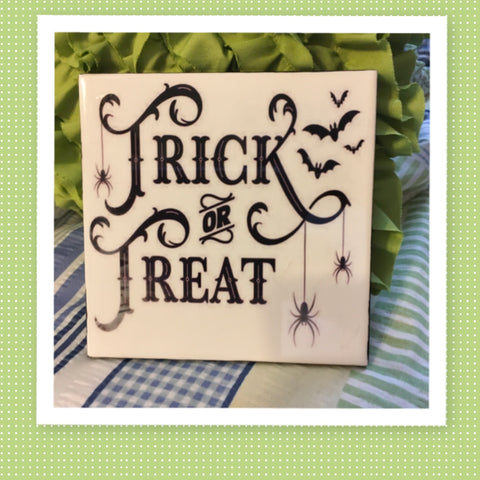 TRICK OR TREAT BATS SPIDERS Wall Art Ceramic Tile Sign Gift Home Decor Halloween Decor {{ JAMsCraftCloset }}