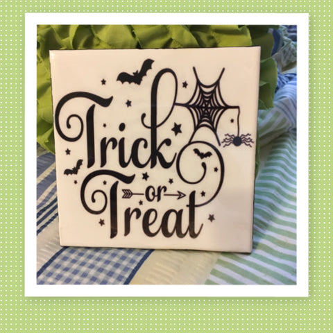 TRICK OR TREAT BATS COBWEB Wall Art Ceramic Tile Sign Gift Home Decor Halloween Decor {{ JAMsCraftCloset }}
