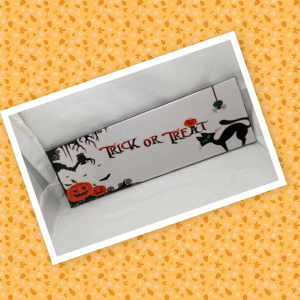 TRICK OR TREAT Pumpkin Cat Wall Art Ceramic Tile Sign Gift Home Holiday Halloween Decor {{ JAMsCraftCloset }}