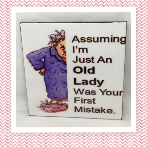 JUST AN OLD LADY Wall Art Tile Sign Gift Idea Home Decor Positive Saying AffirmationN {{ JAMsCraftCloset }}