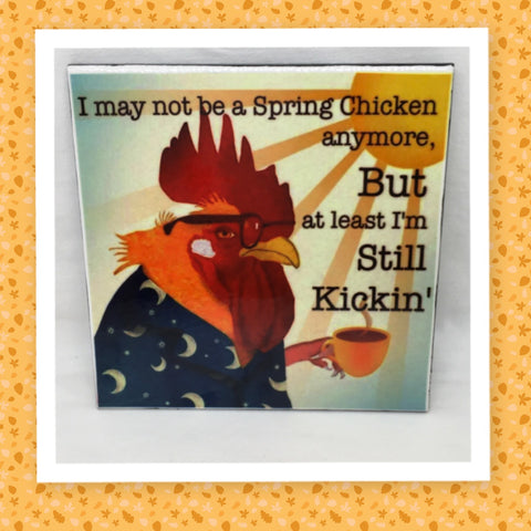 SPRING CHICKEN STILL KICKIN Wall Art Tile Sign Gift Home Decor Positive Saying {{ JAMsCraftCloset }}