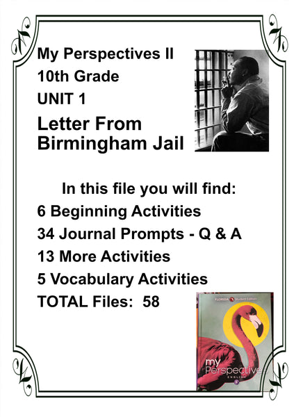 Letter from the Birmingham Jail from My Perspectives English II 10th Grade UNIT 1 Teacher Resource Lesson Activities {{ JAMsCraftCloset }}