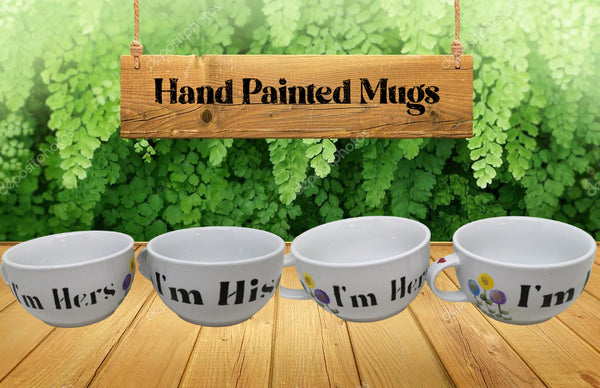 MUGS Soup Bowls Hand Painted I'M HERS I'M HIS Turquoise Yellow Purple Happy Dot Flowers Set of Two Crafters Delight {{ JAMsCraftCloset }}