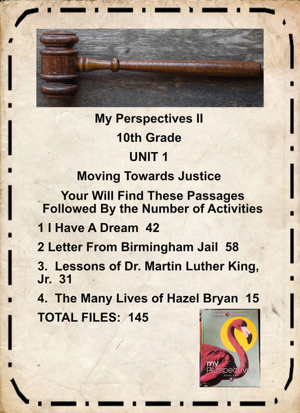 BUNDLE UNIT 1 MOVING TOWARDS JUSTICE from My Perspectives English II 10th Grade 4 PASSAGES Teacher Resource Lesson Activities {{ JAMsCraftCloset }}