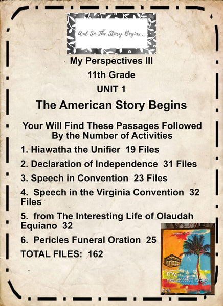 My Perspectives English III UNIT 1 THE AMERICAN STORY BEGINS 11th Grade BUNDLE 6 PASSAGES Teacher Resource Lesson Supplemental Activities {{ JAMsCraftCloset }}
