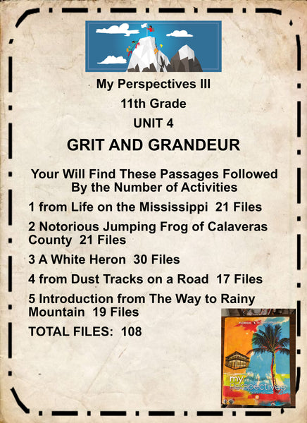 My Perspectives English III UNIT 4 GRIT AND GRANDEUR 11th Grade BUNDLE 5 PASSAGES Teacher Resource Lesson Supplemental Activities {{ JAMsCraftCloset }}