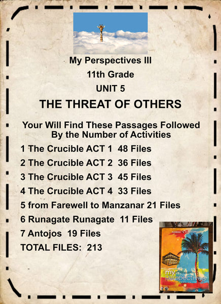 My Perspectives English III UNIT 5 THE THREAT OF THE OTHER 11th Grade BUNDLE 7 PASSAGES Teacher Resource Lesson Supplemental Activities {{ JAMsCraftCloset }}