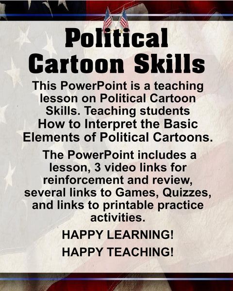 PowerPoint Teacher Resource Lesson for POLITICAL CARTOON SKILLS Lesson Videos Printable Activities Happy Teaching {{ JAMsCraftCloset }}
