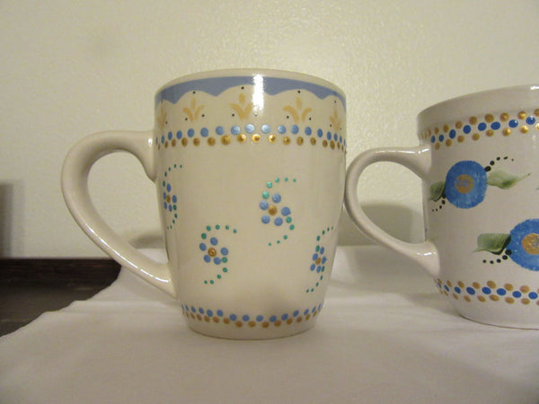 Mugs Cups Coffee Blues Hand Painted Off White Blue Gold White HAPPY DOT Flowers Green Glass {{ JAMsCraftCloset }}
