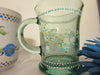 Mugs Cups Coffee Blues Hand Painted Off White Blue Gold White HAPPY DOT Flowers Green Glass {{ JAMsCraftCloset }}