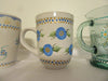 Mugs Cups Coffee Blues Hand Painted Off White Blue Gold White HAPPY DOT Flowers Green Glass {{ JAMsCraftCloset }}
