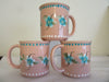 Mugs Cups BUY 2 GET 1 FREE Hand Painted Peach Set of Two Turquoise White Flowers {{ JAMsCraftCloset }}
