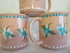 Mugs Cups BUY 2 GET 1 FREE Hand Painted Peach Set of Two Turquoise White Flowers {{ JAMsCraftCloset }}