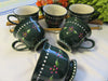 Mugs Cups Hand Painted Dark Green Off White Interior Stoneware Pink Dot Flowers White Dot Trim {{ JAMsCraftCloset }}