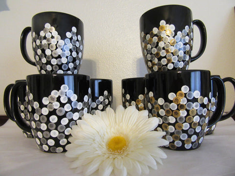 Cups Mugs Coffee Hand Painted Black With White, Silver, Gold HAPPY DOTS Set of 4 {{ JAMsCraftCloset }}
