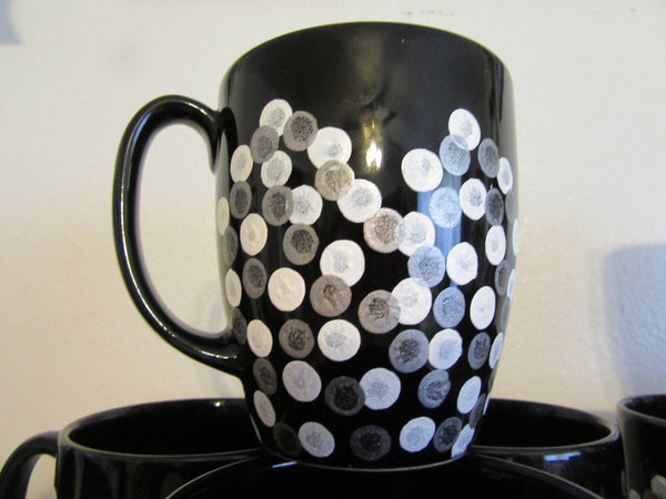 Cups Mugs Coffee Hand Painted Black With White, Silver, Gold HAPPY DOTS Set of 4 {{ JAMsCraftCloset }}