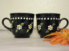 Cups Mugs Coffee Hand Painted Black Mug Tan Inside White Daisy Dot Flowers SET of 2 {{ JAMsCraftCloset }}