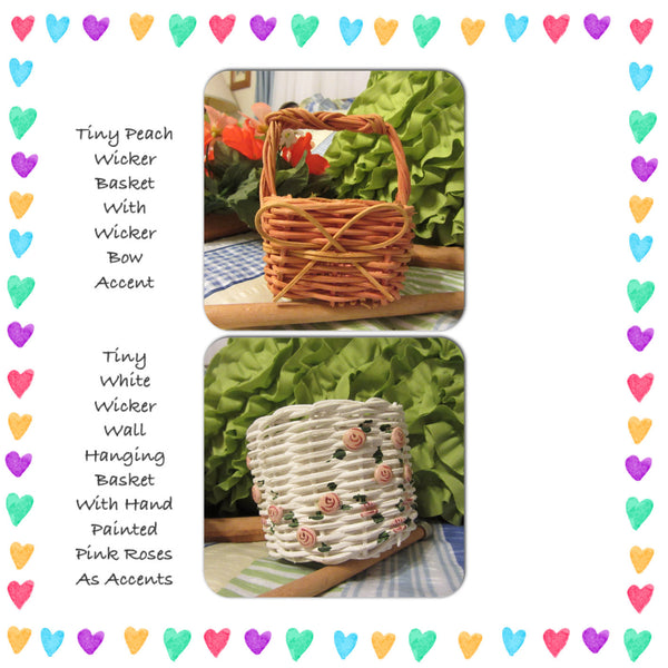 Basket Wicker TINY 4 by 4 by 3 1/2 Inches Peach Rectangle White Wall Hanging Pink Roses {{ JAMsCraftCloset }}