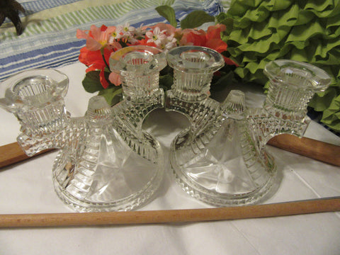 Candlestick Candle Holder Vintage Clear Crystal Cut Glass STARS & BARS Art Deco Double Arm Ribbed - JAMsCraftCloset